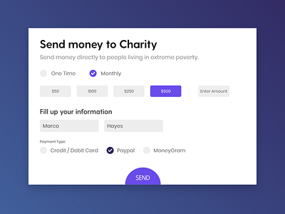 Send Money to Charity - A simple money sending form app charity design flat form form design landing page money payment method ui web