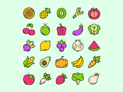 Fruit and Vegetable Icons ai ai design ai download ai vector freebie fruit fruit icon icon design icons download icons pack icons set illustration illustrator logo logo design symbol vector design vector download vector icon vegetable vector