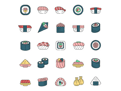 25 Sushi Types Icons free icons freebie icon set icons download illustration illustrator sushi sushi icon sushi kinds sushi vector vector vector design vector download vector icons