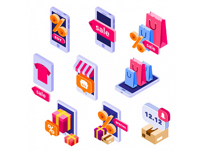 E-Commerce Discount Isometric Icons cartooning design e commerce free download free icons free vector freebie illustration illustrator isometric icons vector vector design vector download