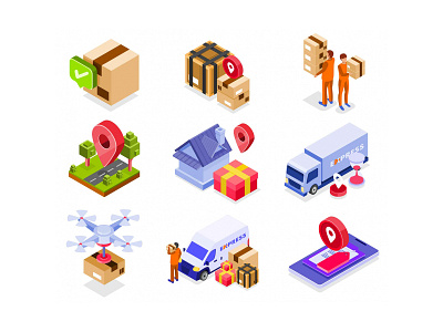 Delivery Service Isometric Icons delivery icon delivery illustration delivery service free download free vector freebie illustration illustrator vector vector design vector download