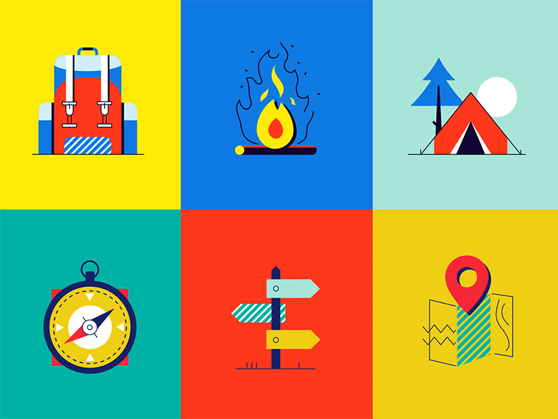 Let's go camping! animation camp campfire camping compass direction flames go out location maps sign sun tag tent wind wood