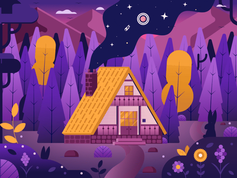 House In The Woods Animation animation bunny bush forest house light motiongraphics moutain peaceful rabbit smoke stars trees woods