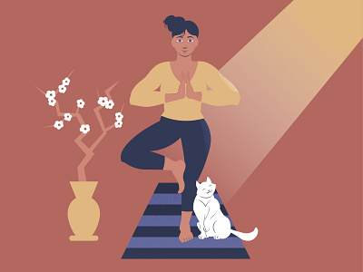 Yoga lady illustration calm cat character concept design excercise fitness girl happy hobby home illustration lady lifestyle morning relax stylized vector wellness yoga