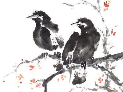 Two Crows sumi-e ink painting art bird crow ink japanese oriental painting sakura sumi e