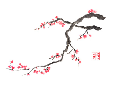 Gentle Plum sumi-e painting art ink japanese oriental painting plum sakura sumi e tree