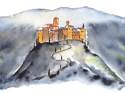 Tuscan Hill Town art brush cypress drawing hand drawn hill illustration italy landscape minimalism mountain paint painting primitivism road spring summer town tuscany watercolor
