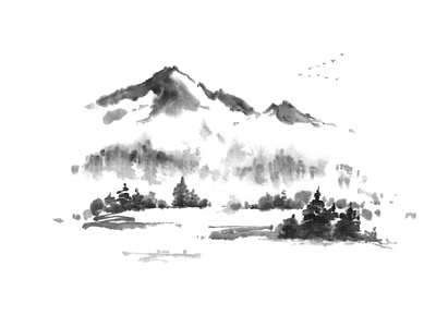 Japanese style sumi-e autumn in mountains ink painting.