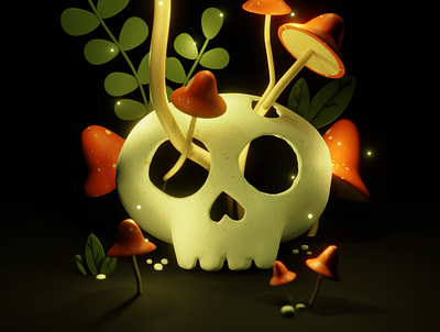 Skull Render 3d blender bone cgi cute dark fireflies flora illustration lighting mushroom night plants render skeleton skull spooky