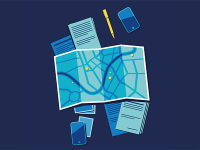 Maps, phone & resources - Twenty65 art blue colour desk environment flood illustration map pens phone print stationary vector water
