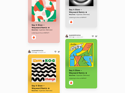 Sharing music experience app avatar card clean colors cover covers design iphone x like mood music picker rounded share social song title ui ux