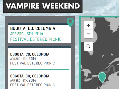 Website design - Vampire Weekend band design festival list locations map music ocean vampireweekend webdesign website worldmap