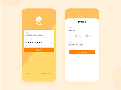 Sign up/Sign in UI account app circle clean color dashboad feed iphone x login login page profile register sex shape sign in signup yellow