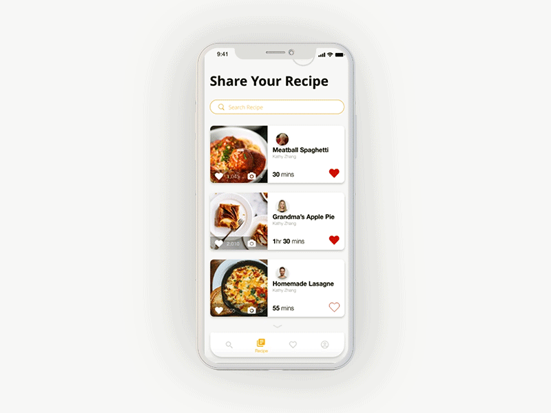 Food App I. motiongraphic recipe book love heart like lifestyle social share steps spaghetti food app food ui re design ux motion design gif recipe app recipe