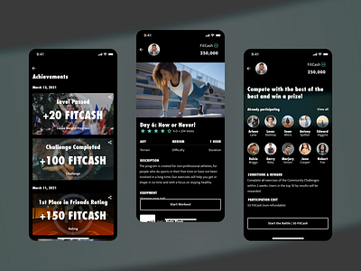 Fitness app design achievements app competition dark design exercises fitness ios mobile sport