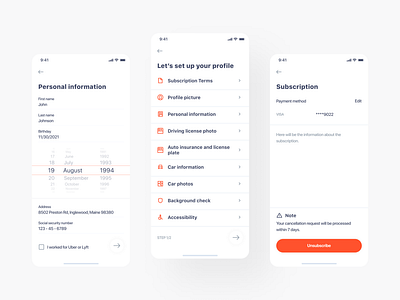 Taxi app. Set up profile clean design form ios mobile orange set up profile subscription taxi