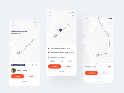 Taxi app app clean design estimations eta ios map mobile orange route secure code taxi