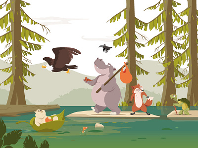 Forest Hike adobe illustrator animals cat character design childrens book crow eagle fiction forest fox hike hippo illustraion illustration kids illustration swamp turtle vector