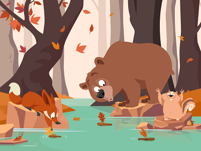 Autumn adobe illustrator animals autumn character character design childrens book fall forest illustraion kids illustration preschool race river