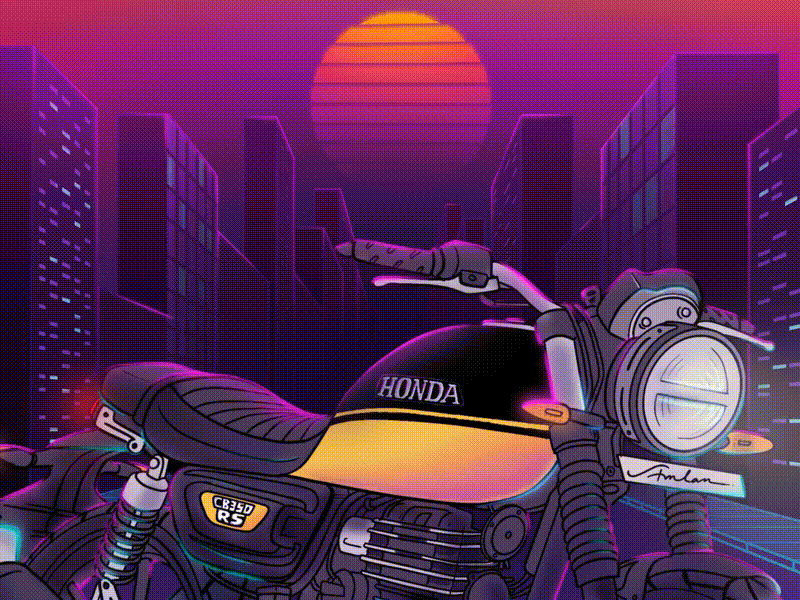 Honda CB350 RS animation bigwing bike branding cb350 cyberpunk design digital art flat graphic design honda illustration india marketing motorcycle neon procreate retro
