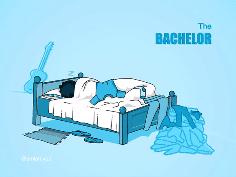 The Bachelor animation asleep bachelor bedroom boy design dirty dreams flat guy illustration man messy sleep vector young youth