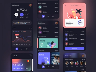 Dark vs Light mode bankingapp chart darkmode dashboard digitalwallet finance fintech geometric illustration glass effect glassmorphism gradient illustration lightmode mobile neons payments saving goals savings transactions ui