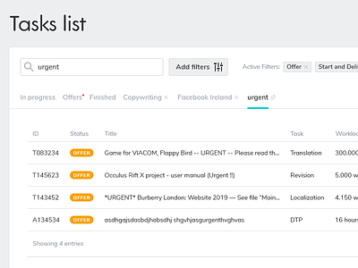 Tasks List design filter interface search table tabs task ui