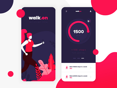 walk.on - walk and earn money | App Design app branding design icon identity illustration landing page logo mobile mobile app design navy blue pink red ui ux vector web web design