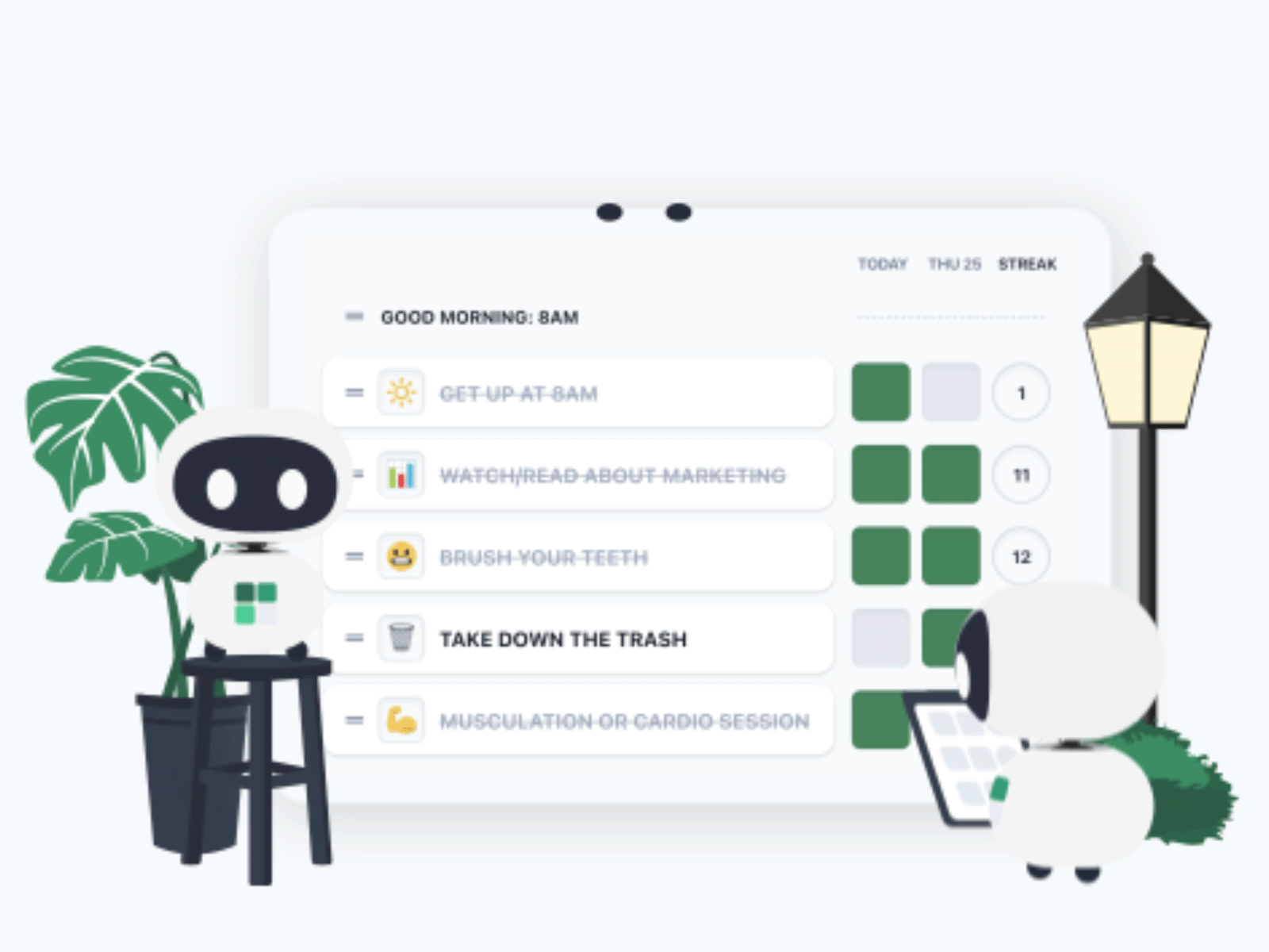 Adopting the Right Habits - Animation 🤖 ae animation chair character design development gif habits illustration landing page minimalist plant robot ui vector web website