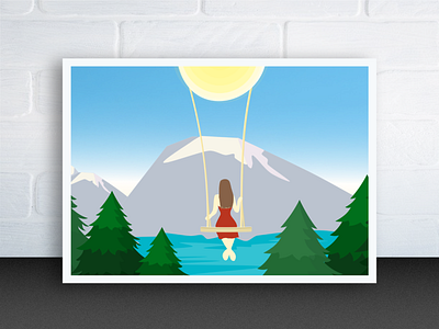 Postcard - Landscape 🏔 design forest illustration minimalist mountain pine postcard poster swing vector woman