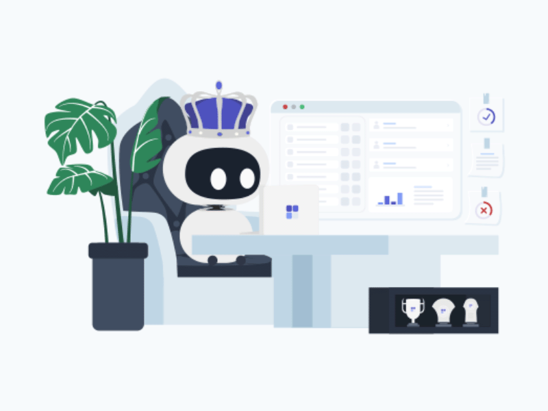Adopting the Right Habits - Animation 🤖 animation character computer crown design development habits illustration landing page minimalist plant robot statistics table throne trophy ui vector web website