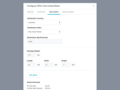 Shipping settings modal window control panel ecommerce form forms modal settings subnavigation