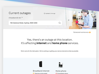 Why's my internet down? communications interaction design landing page outages telecommunications ui ui design ui designer ux ux design ux designer website