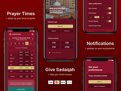 Mosque Prayer and Donations App islam app design islamic app islamic ui mosque muslim app ui muslim prayer app prayer app prayer times ramadan app salah app ui