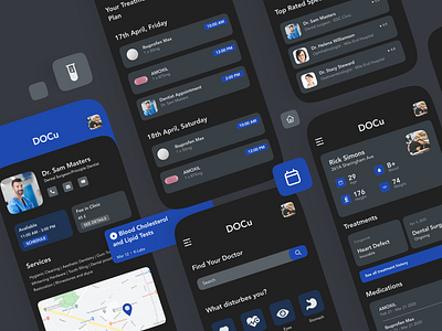 DOCu Dark Mode app application branding colors dark mode dark theme dark ui design doctor app doctors dribble health app healthcare interface minimal mobile ui