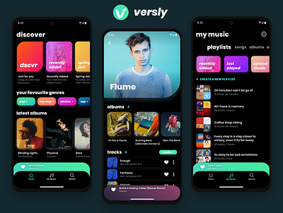 Versly Music Player - Dark Mode android app branding dark dark mode dark theme dark ui gravit designer ios mobile mobile app music music player samsung ui ux