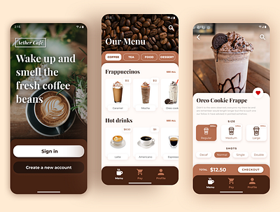 Aether Café Mobile App android app branding coffee coffee shop concept delivery ecommerce figma mobile mobile design shopping starbucks ui ux