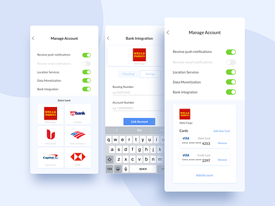 Account Integration account bank card banking business design elements finance app manage manage account pay payments screen sketch toggle ui ux ui wallet