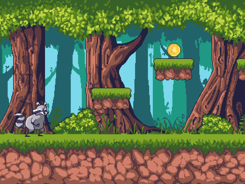 Pixel art game animal animation art coin cute design forest game gif level pixel raccoon