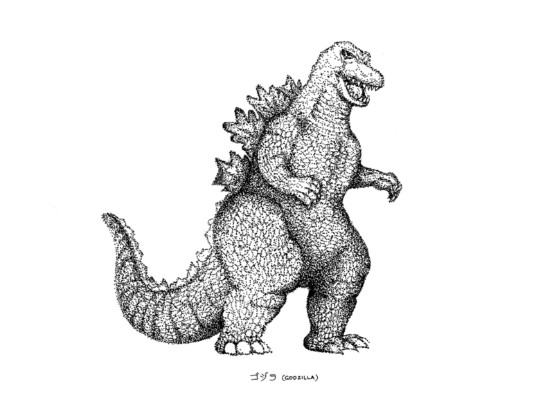 Godzilla 2d design dot flat godzilla graphic design illustration ink minimal pen pen and ink