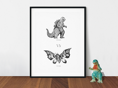 Godzilla vs Mothra 2d black character clean design dots flat godzilla graphic design illustration minimal print screenprint