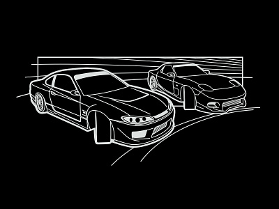 S15 vs Rx7 black white drifting driftt illustration illustration art lineart mazda minimal nissan rx7 s15 vector