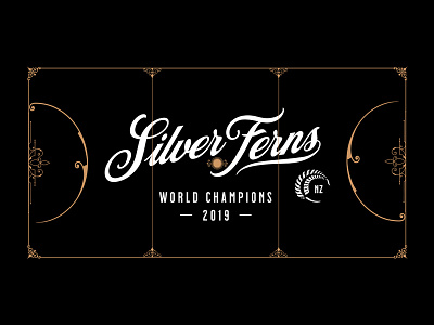 Silver Ferns - Netball Court 2d black branding court flat gold graphic design logo minimal netball new zealand silver ferns sports typography vector