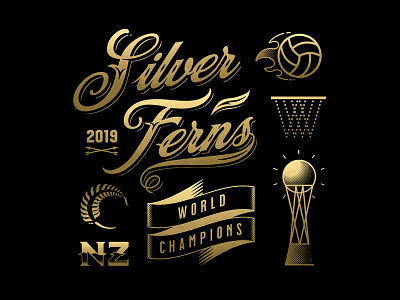 Silver Ferns - Golden 2d black branding champions design gold golden graphic design icon illustration logo minimal netball new zealand typography vector