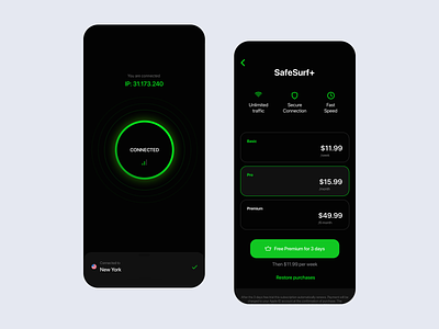 Safesurf — VPN App app button clean connection dark green ios minimalism premium signal subscribe tariff ui ux vpn vpn app