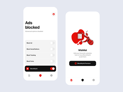 BlockMyAd —iOS ad blocker ad app black clean illustration ios list onboarding red shield switch vpn wishlist
