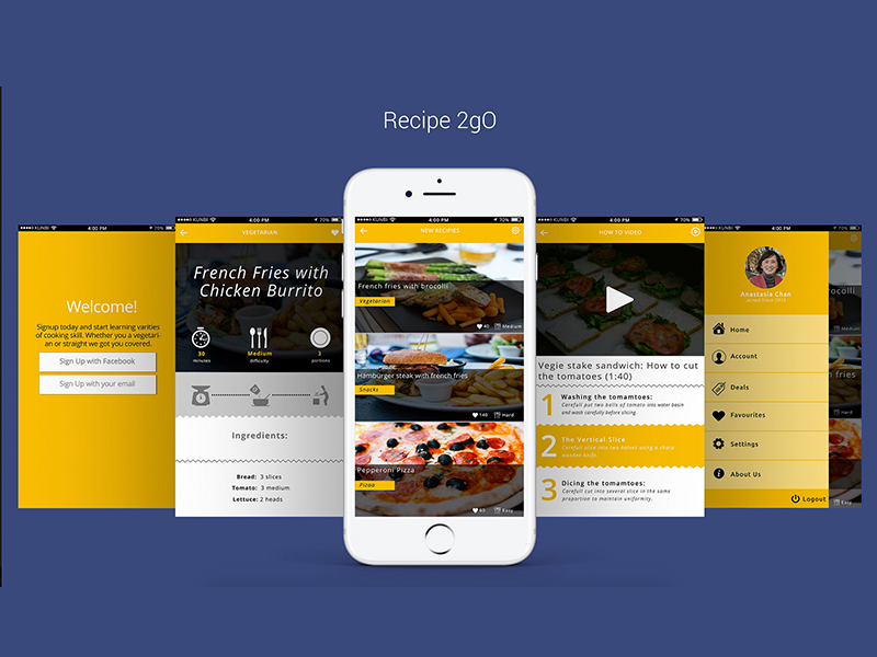 Recipe 2go mockup rebound hireme interface uidesign social food restaurant ios app ux recipe