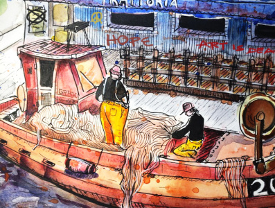 Fishing Boat ink paper sketch traditional art watercolor painting watercolour