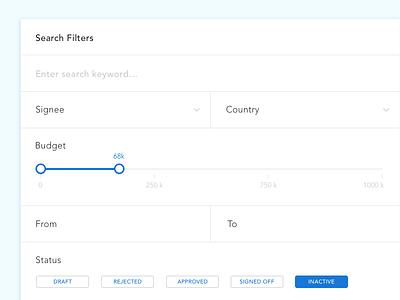 Search Filters budget dropdown filter flat form material search status