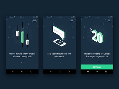 Upstox Login less Onboarding android app intro isometric onboarding stocks